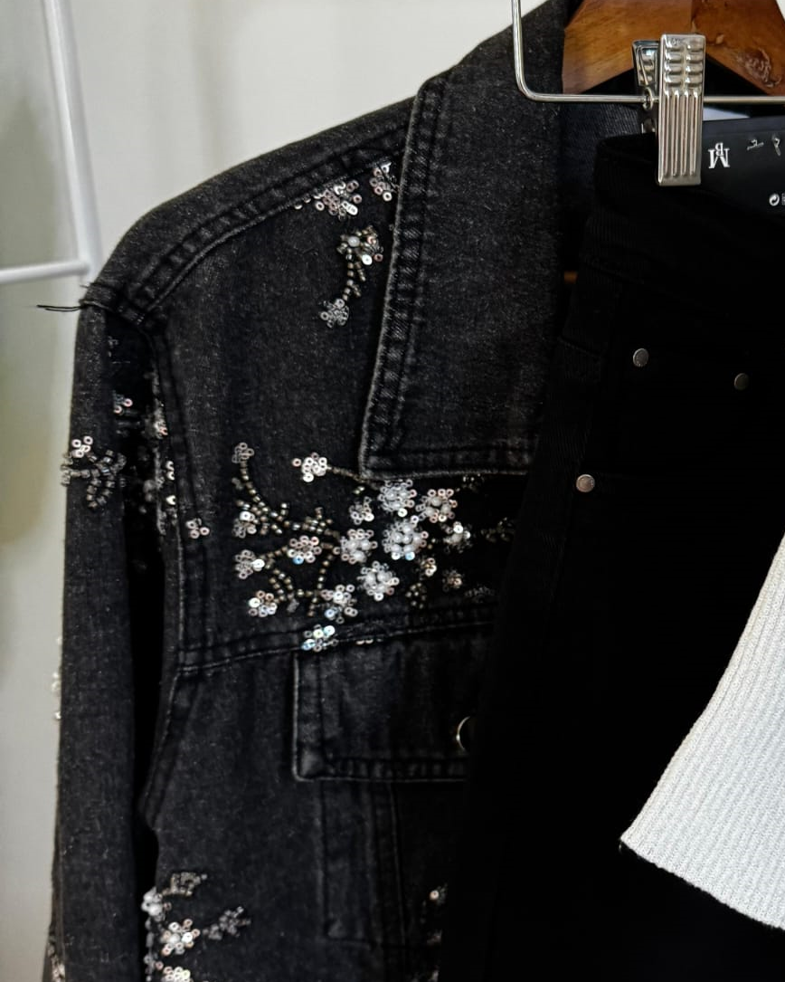 Giacca jeans ricami Lux grigio