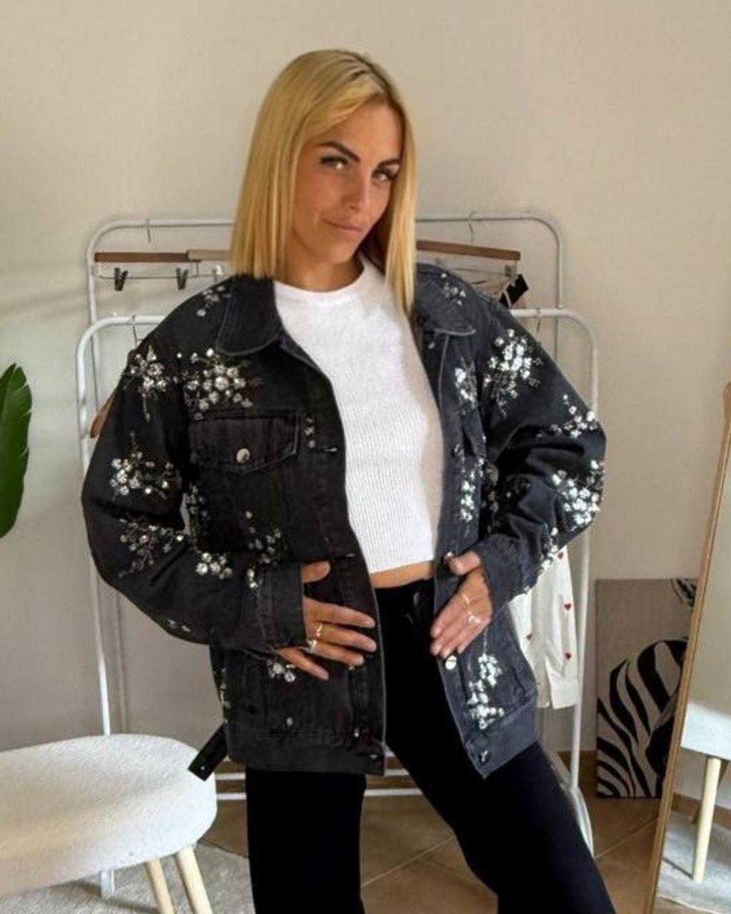 Giacca jeans ricami Lux grigio