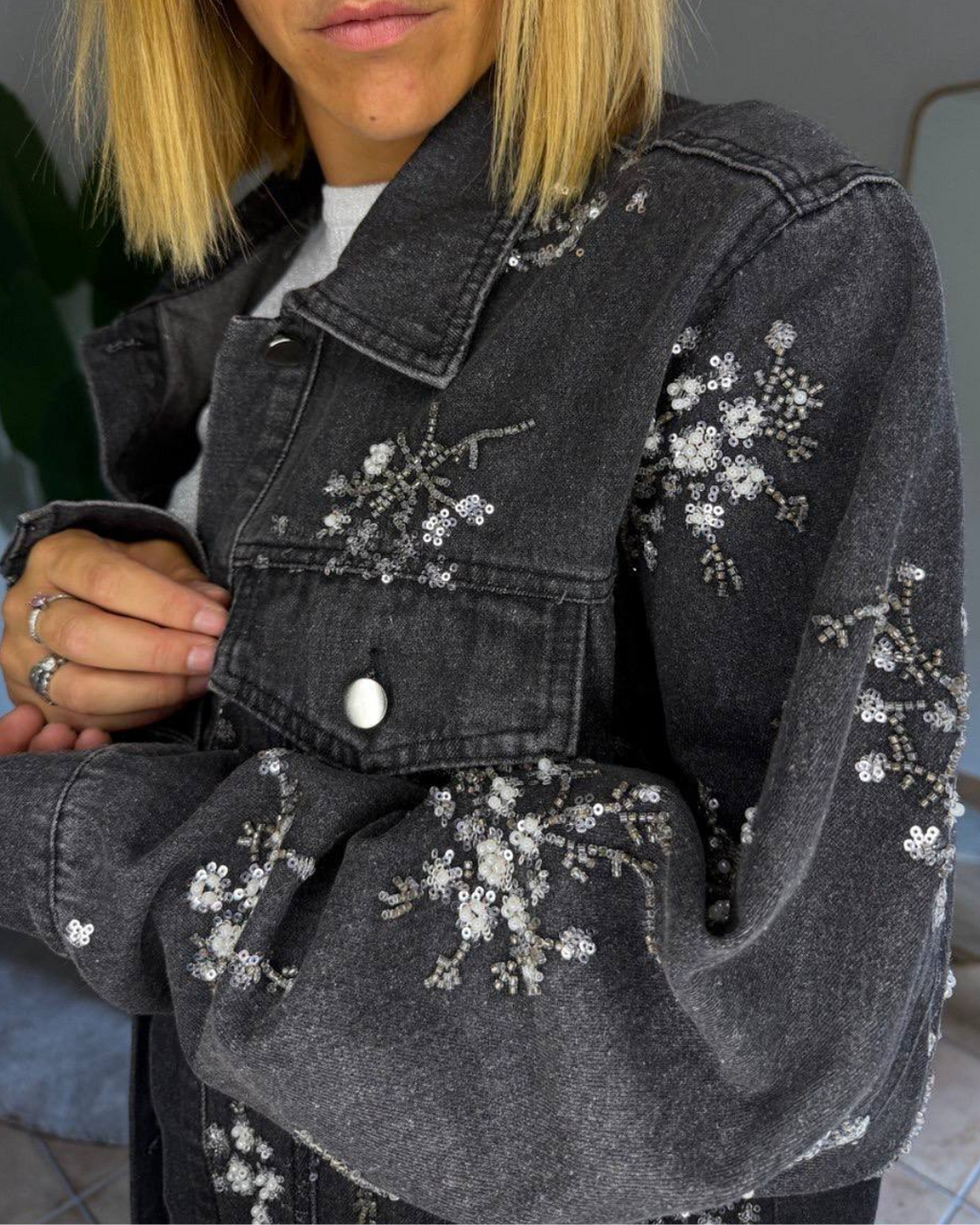 Giacca jeans ricami Lux grigio